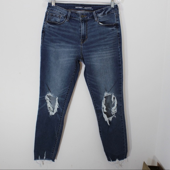 OLD NAVY Rockstar Mid-Rise Distressed Raw Hem Jeans Stretch Denim Knee Holes 8 - Picture 12 of 12